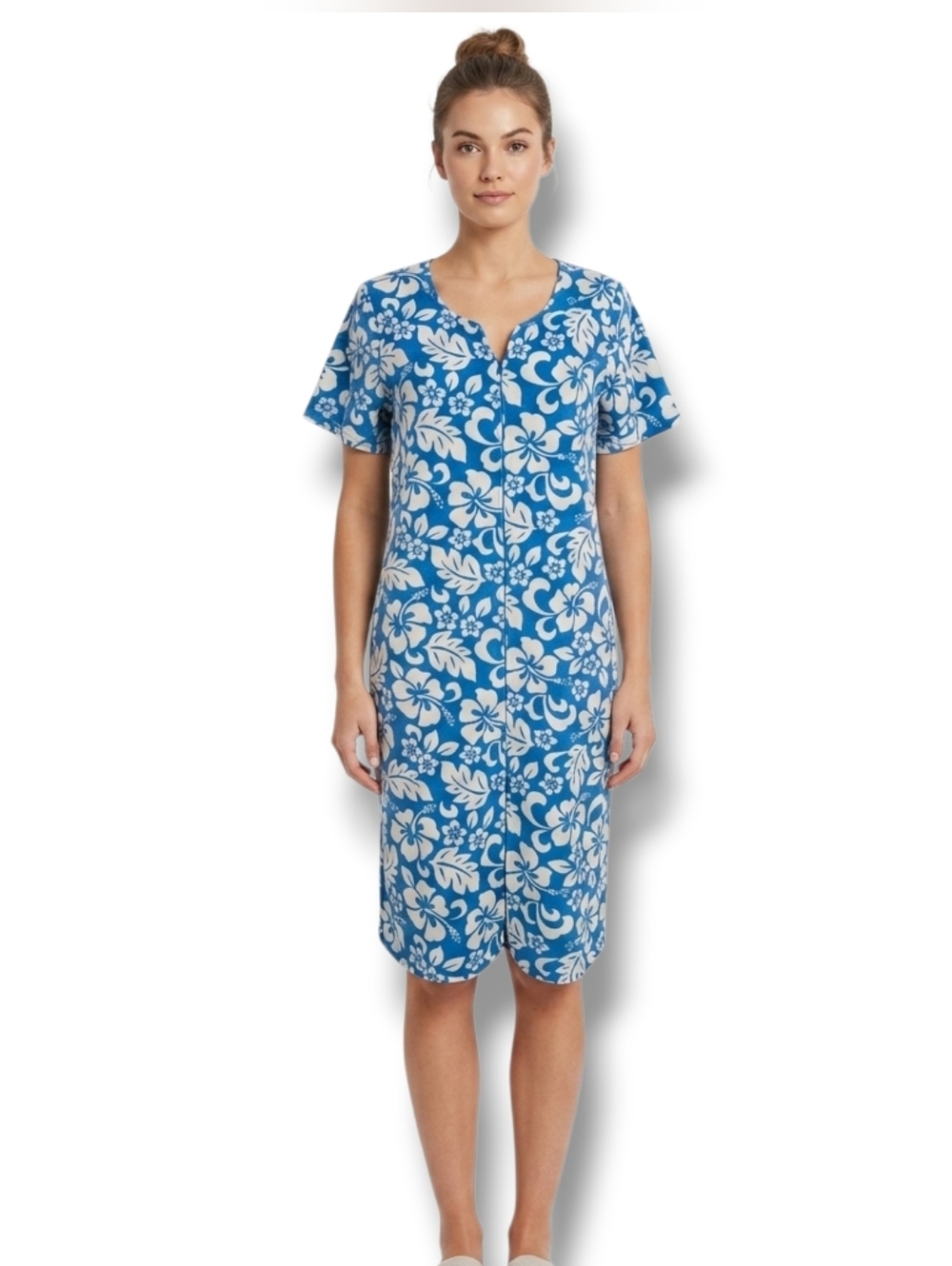 Secret Treasures Blue Tropical Floral Button Front Nightgown House Dress Medium